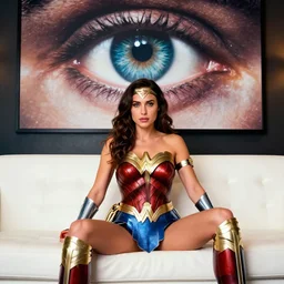 photograph of gal gadot, dressed as wonder woman, sitting on a white leather couch with a huge photograph of a human eye on the wall behind it, ultra wide angle lens, hyperreal, super sharp photography