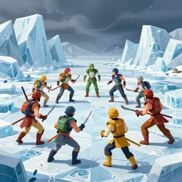an ice age battle. highly detailed. digital art. colorful. tense atmosphere. serene lighting. storm in the background. intricate