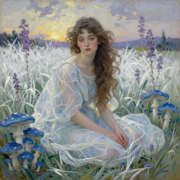 girl sitting in a field of blue mushrooms, white grass, purple flowers, dawn, dramatic lighting, style of old masters, rembrandt, alphonse mucha, oil painting, soft translucent fabric folds