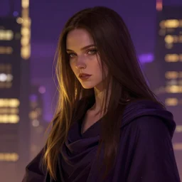 long brown haired mage close up, f 2. 8, bokeh,, gentle, cloth, female, night, city landscape, blade runner 2 0 4 9, d & d, fantasy, purple and gold color palette, artstation, octane render, concept art, matte, sharp focus, illustration, herrarthstone, art by artgerm and greg rutkowski and alphonse mucha