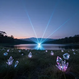 landscape by toyo ito, at dusk lake laser apocalyptic neon signs meadow magic realism at night crystal vaporwave, archdaily, wallpaper, highly detailed, trending on artstation.