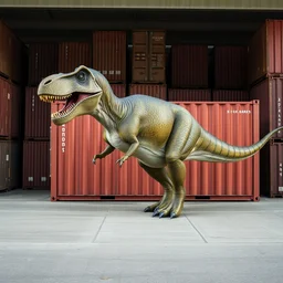 photograph of a shipping container tyrannosaurus rex in a freight yard