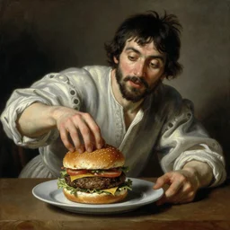 Alex Jones desperately reaching for a hamburger, oil painting by Caravaggio