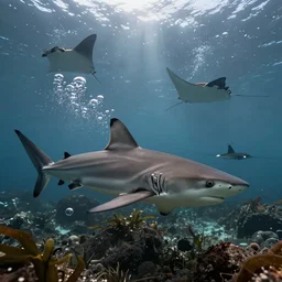 hyperrealistic underwater photography, panoramic picture of an ocean floor with in the distance some manta rays. focus on the sharks. the manta rays are anatomically correct and highly detailed. the eyes are intricately detailed. there are lots of bubbles. seaweed and some rocks. gloomy scattered light entering from the water surface, trending on artstation, hq, 4 k