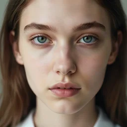 “ attractive thin beautiful brown hair young caucasian perfect woman close up wearing shirt, mysterious, soft, cute, modern style, 1 5 0 mm f 2. 8, extreme close up face shot, hasselblad, art, brian ingram, steve mccurry, high quality, symmetry, clear skin, 4 k, dramatic lighting, award winning, eye reflections ”