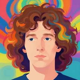 a colorful vibrant closeup portrait of a simple caucasian man with curly mid length brown hair with a calm aesthetic face and dreaming psychedelic hair, by kawase hasui, moebius, edward hopper and james gilleard, zdzislaw beksinski, steven outram colorful flat surreal design, hd, 8 k, artstation