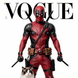 deadpool. catwalk photo. vogue magazine cover with text. highly detailed