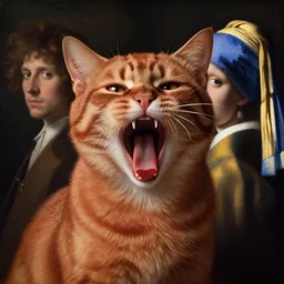 medium - shot, moody reddish cat yawning, symmetrical, cinematic lighting, highly detailed, digital art, oil painting, highly detailed, sharp focus, matte painting, masterpiece, renaissance painting, by kinkade, by alphonse mucha, by leyendecker, by vermeer,