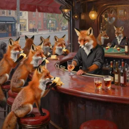 several foxes, city streets background outside of the bar. a crowd of foxes eating cheese at the tavern. bartender fox cleaning a glass behind the counter. moody lighting. red bar stools. whiskey and wine and beers. some tough foxes playing poker in the distant corner. oil painting by terese guay kinkade