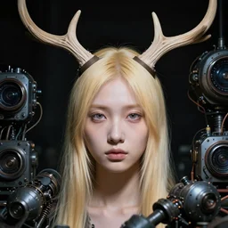 blonde with minimalist - designer antler headwear, night, 4 k, ultra realistic, beautiful eyes, epic lighting, machines, high detail, masterpiece, trending on artstation by artgerm and akihito tsukushi and alphonse mucha, crayons