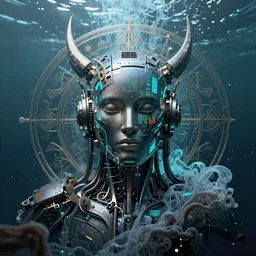 a centered render of an ancient futuristic machine with digital modifications surrounded by a underwater ink pour and flowing liquid gallium and complex sacred geometry, perfect body and face, powerful, cinematic, beautifully lit, by beeple, by artgerm, by karol bak, 3 d, trending on artstation, octane render, 8 k
