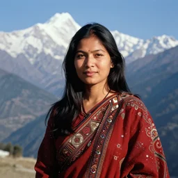 hyper realistic and detailed vintage portrait photo of a beautiful nepalese woman standing in the sunshine with himalayan peaks behind her by annie leibovitz