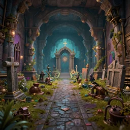 steampunk graveyard interior, colorful, contrast, depth of field, 3 d scene, render, greg rutkowski, zabrocki, karlkka, jayison devadas, trending on artstation, 8 k, ultra wide angle, zenith view, pincushion lens effect