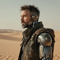 a rugged middle aged engineer man with cybernetic enhancements lost in the desert, scifi character portrait by greg rutkowski, esuthio, craig mullins, short beard, funky hair, green eyes, 1 / 4 headshot, cinematic lighting, dystopian scifi gear, gloomy, profile picture, mechanical, half robot, implants, steampunk