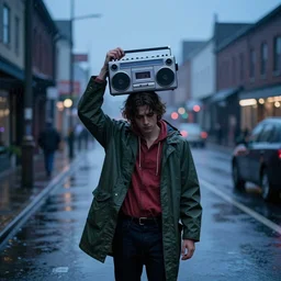 a guy holding up over his head a boombox cassette player, lonely street, heavy rain, dressed in a raincoat, pinterest contest winner, american romanticism, fashion of the 1 9 8 0's, sadpeople aesthetic, retro, blue hour, rich moody colors