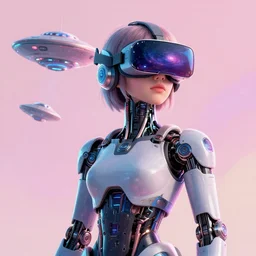 cyberpunk concept cool girl cyborg bot, cinema 4 d, galaxy, ufo, space sci - fi, wearing vr goggles, illustration, portrait, pastel neon textured background night, trending on artstation, greg rutkowski, octane rendered, 1 2 k, detailed,