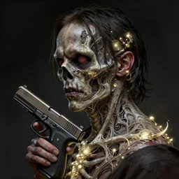 head and shouder of zombie keanu reeves with a glock, intricate, elegant, glowing lights, highly detailed, digital painting, artstation, concept art, smooth, 8 k, very high resolution, processing, by zdzisław beksinski, extremely hyperdetailed