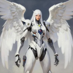 greg manchess painting of a 2 yorha type a no. 2 as mercy from overwatch!!, white long hair, large white wings, organic painting, trending on artstation, by huang guangjian and gil elvgren and sachin teng