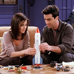 a scene from friends where joey and chandler starts to build a rocket from scratch, realistic, face ehance, shaun of the dead