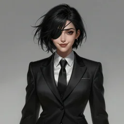 a highly detailed illustration of beautiful short black messy haired woman wearing eyepatch on one eye and noir style suit and tie, dramatic smiling pose, intricate, elegant, highly detailed, centered, digital painting, artstation, concept art, smooth, sharp focus, league of legends concept art, WLOP