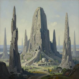a stunning and intense canvas oil painting of otherworldly landmark locations, multiple angles, rule of thirds, widescreen, epic scale, intricate, beautiful, masterpiece, magnum opus, high quality, minimalist, uhd, 4 k, by karl kopinski, godmachine, by ralph bakshi