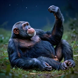 a blue chimp is laying on his back, looking at the stars, 4 k, photo, beautiful