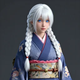 hyper - realistic + photorealistic render with very extreme intricate details, of a girl!!! wearing a kimono, blue eyes and long! white braided hair!, in the style of final + fantasy 6, 8 8 mm lens, full shot, maya, cinema 4 d