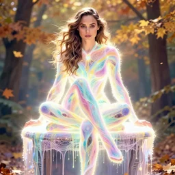 gal gadot by agnes cecile enki bilal moebius, intricated details, sitting on table, full body portrait, extremely luminous bright design, pastel colours, drips, autumn lights