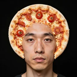 portrait of man with a rare deformational condition making the head flat and circular like a pizza, head looks exactly like a pizza, doughy skin with white pores, blemishes look like tomatoes, soft lighting, sharp focus, highly symmetrical, black background, masterpiece by michal karcz and yoshitaka amano