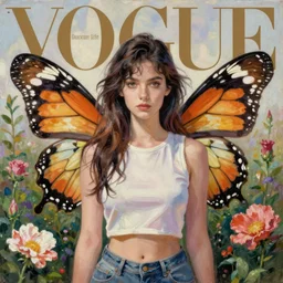 woman with butterfly wings, vogue magazine, greg rutkowski, gerardo dottori, john singer sargent, anime, trending on artstation, oil painting, intricate, flower garden, crop top