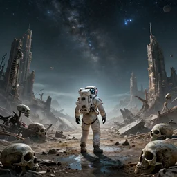 photograph of an astronaut exploring an abandoned fallen planet with alien skeletal ruins, alien skulls, fallen kingdom city ruins, science fiction space suit, cinematic, hypermaximalist, detailed, 4k, 8k, breathtaking stars, surrealism, distant, concept art, digital art, sharp focus, reflections, RTX, octane render, acid pixie, Trending on DeviantArt