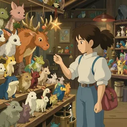 Buyers choosing magic animals in magic animals market. 4K digital paint by studio Ghibli Hayao Miyazaki. Very sharp_and_detailed. Trending on ArtStation