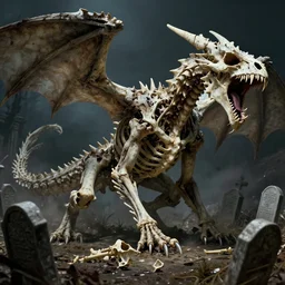 The bones of the dead begin to rise from their graves, pulled towards the the bone dragon. The dragon grows larger and stronger with each new bone that joins its body. Soon, it is a massive, fearsome creature, composed entirely of human remains. It opens its mouth and lets out a spine-chilling roar that echoes through the night. horror art, masterpiece, high quality, dark, very detailed, sharp, 8k, cgsociety