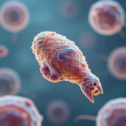 a microscopic view of a white blood cell eating a cell shaped like a chicken wing, photography