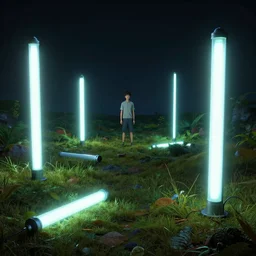 Various Fluorescent lights over a surreal landscape, rendered by simon stålenhag, rendered by Beeple, Makoto Shinkai, syd meade, environment concept, digital art, unreal engine, 3 point perspective, WLOP, trending on artstation, low level, 4K UHD image, octane render,