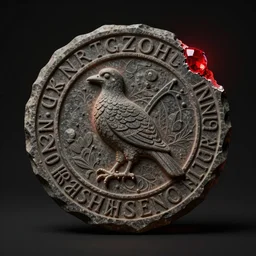 a stone disk with a carving of a bird in its center and runes along its edges, the stone disk half aglow and half dark, a crimson jewel breaking its edge against a dark background, trending on artstation, digital art ( by jesper ejsing ) ( by clint cearley ) ( by raluca marinescu )