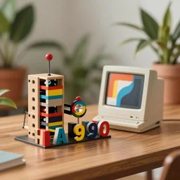 tilt shift photography, extreme dof, a miniature rube goldberg machine, retro 1 9 9 0 computer on a wood tabletop, dimensional letters, bold modern art, klein bottle, midcentury, exotic house plants, lofi, japanese design, chill out