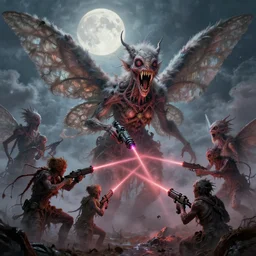 concept art of giant mutant fairy attack, lovecraftian, lots of teeth, melting horror, fluffy feathers, round moon, rich clouds, fighting the horrors of the unknown with laser guns, high resolution, very detailed, colorful, roaring, volumetric light, mist, grim, fine art, decay