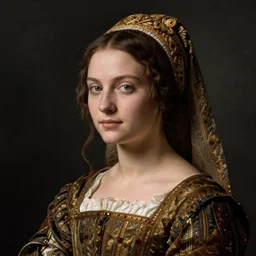 portrait of young woman in renaissance dress and hennin, art by sandro botticelli