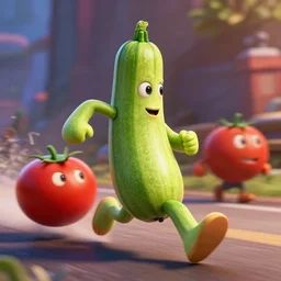 detailed 3 d render of a zucchini character running after a tomato character, high speed chase, dramatic scene, hyper realistic octane render, cinematic lighting, deviantart, frame from pixar movie