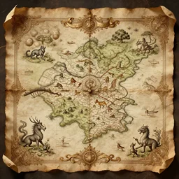 Mythological Map, ornate, decorated highly detailed parchment, meticulous map of mythological creatures, volumetric lighting 4k