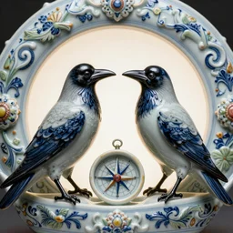 Two ravens with Viking compass, A Close up photo-real delicate ceramic porcelain sculpture of a symmetrical ornate detailed in front of an intricate background by Victo Ngai and takato yamamoto, micro detail, backlit lighting, face in focus, subsurface scattering, translucent, thin porcelain, octane renderer, colorful, physically based rendering, japanese pottery, trending on cgsociety