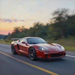 a sport car on the road, summer evening, a painting by kenton nelson.