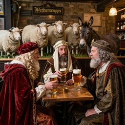 the three wise men in period regal clothing in a wetherspoons pub in batley having a pint of ale, the shepherds watch from behind with 3 sheep and a donkey