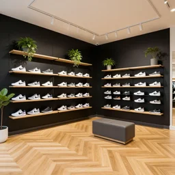 hyperdetailed nike store, oak parquet, black walls, digital walls, plants