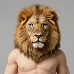 photorealistic lion head on cartoon human body