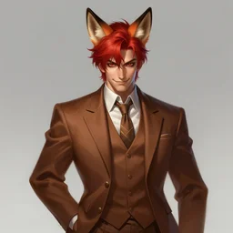 a highly detailed illustration of fox eared attractive man with red hair wearing brown suit, dramatic smirk pose, intricate, elegant, highly detailed, centered, digital painting, artstation, concept art, smooth, sharp focus, league of legends concept art, wlop.