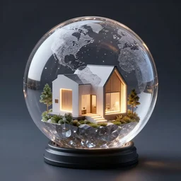 crystal sphere with mini modern house with led strip lights inside it, octane render hyperdetailed,