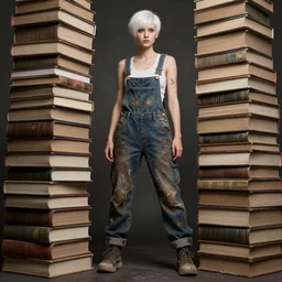 full body pose, beautiful female adult library fairy, androgynous, short white hair shaved sides, dirty, grungy, grunge, overalls, stacks of giant books, highly detailed, 4 k, hdr, smooth, sharp focus, high resolution, award - winning photo, artgerm, photorealistic