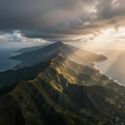 nature landscape, aerial view, drone photography, cinematic, mountains and ocean, cinematic view, epic sky, detailed, concept art, low angle, high detail, warm lighting, volumetric, godrays, vivid, beautiful, trending on artstation, by jordan grimmer, huge scene, art greg rutkowski